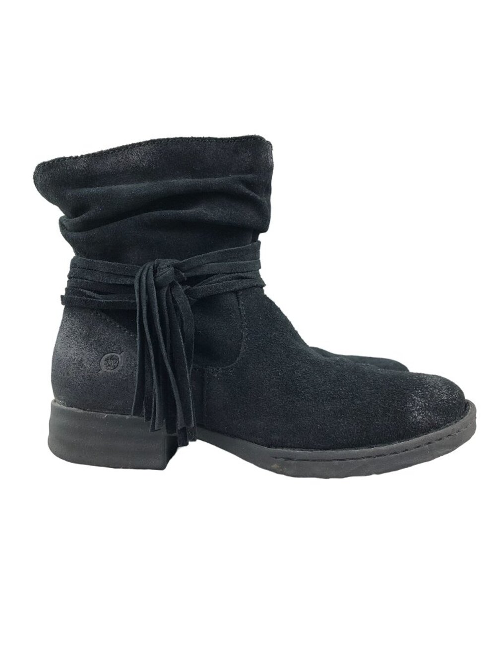 Born Women's Size 6.5M Cross Black Leather Fringe Side Zip Ankle Boots D70303
